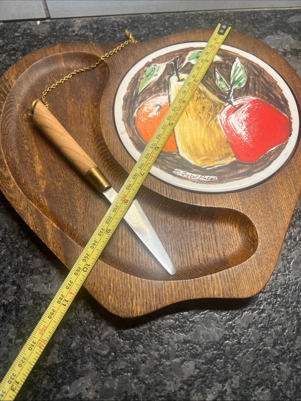 Vintage Wooden Cheese Serving Board with Fruit Tile and Knife - Brown